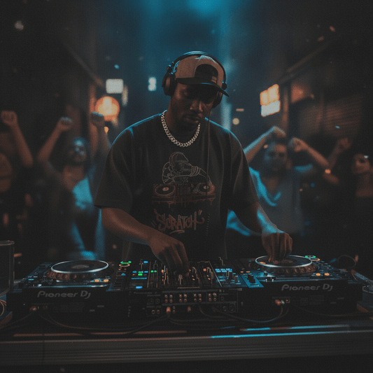 Camiseta negra de manga corta con diseño de ilustración de un DJ con gorra plana y auriculares mezclando sobre platos de vinilo, con la palabra "Scratch" en letras de graffiti rojas y amarillas.