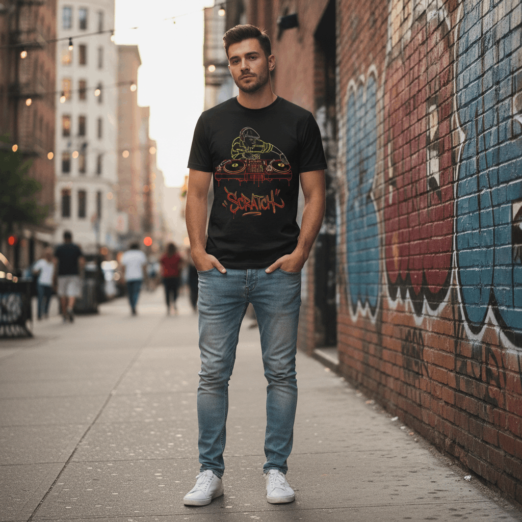 Camiseta negra de manga corta con diseño de ilustración de un DJ con gorra plana y auriculares mezclando sobre platos de vinilo, con la palabra "Scratch" en letras de graffiti rojas y amarillas.