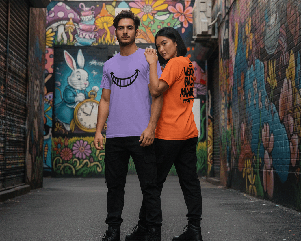 Camiseta JDWear con sonrisa negra estilo graffiti del Gato de Alicia y texto Welcome Back Madafakers en tipografía de goteo negra