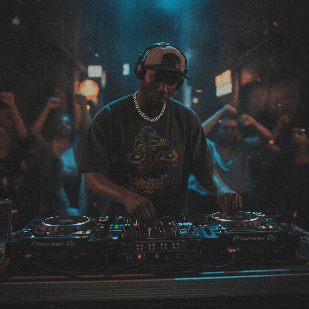Camiseta negra de manga corta con diseño de ilustración de un DJ con gorra plana y auriculares mezclando sobre platos de vinilo, con la palabra "Scratch" en letras de graffiti rojas y amarillas.