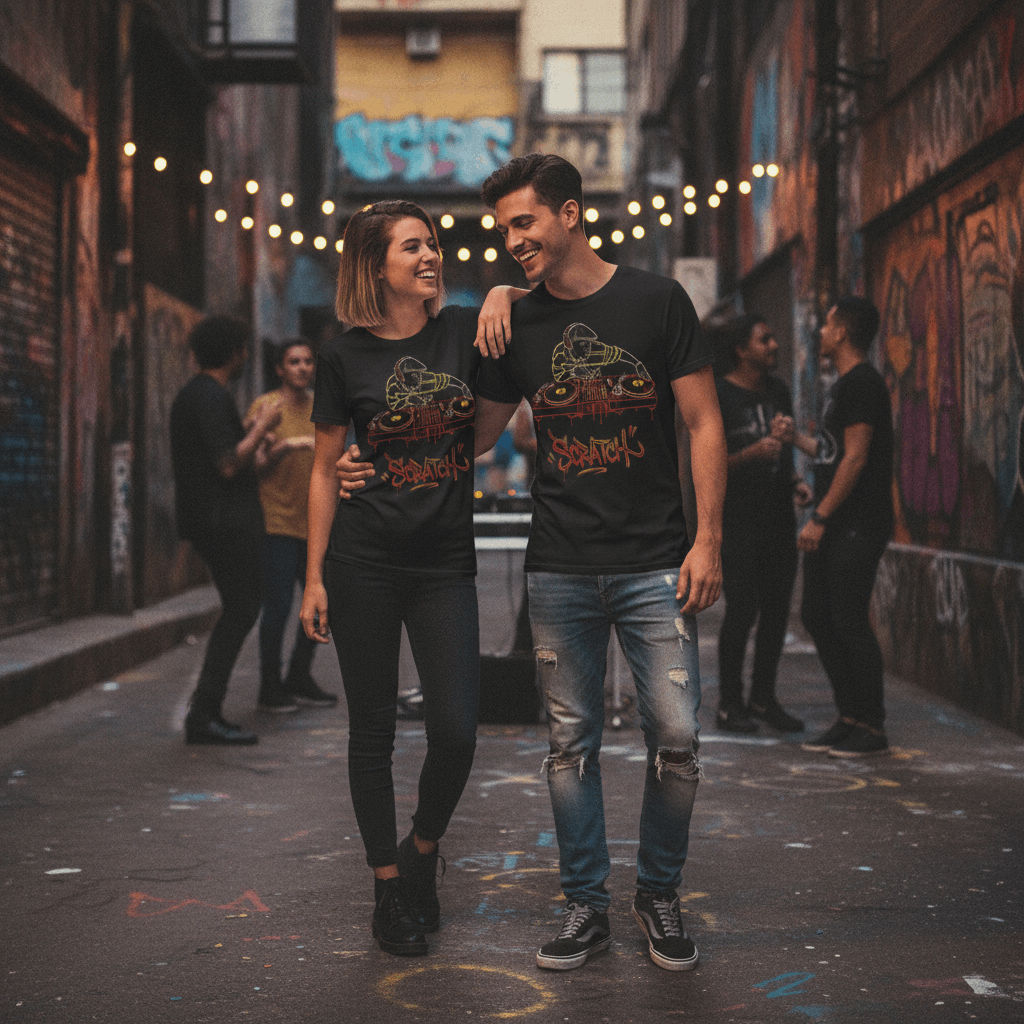 Camiseta negra de manga corta con diseño de ilustración de un DJ con gorra plana y auriculares mezclando sobre platos de vinilo, con la palabra "Scratch" en letras de graffiti rojas y amarillas.