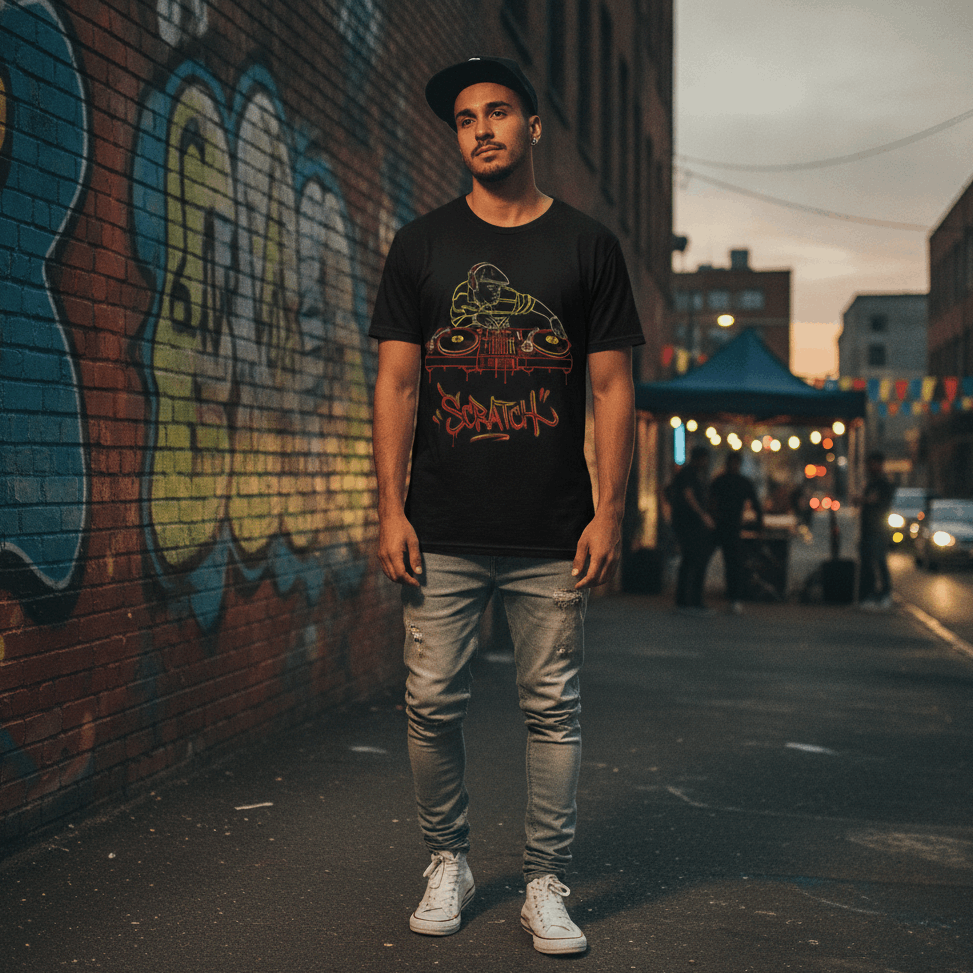 Camiseta negra de manga corta con diseño de ilustración de un DJ con gorra plana y auriculares mezclando sobre platos de vinilo, con la palabra "Scratch" en letras de graffiti rojas y amarillas.