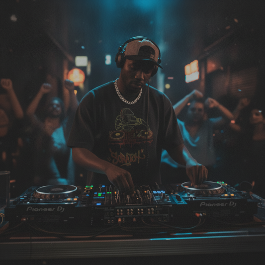 Camiseta negra de manga corta con diseño de ilustración de un DJ con gorra plana y auriculares mezclando sobre platos de vinilo, con la palabra "Scratch" en letras de graffiti rojas y amarillas.
