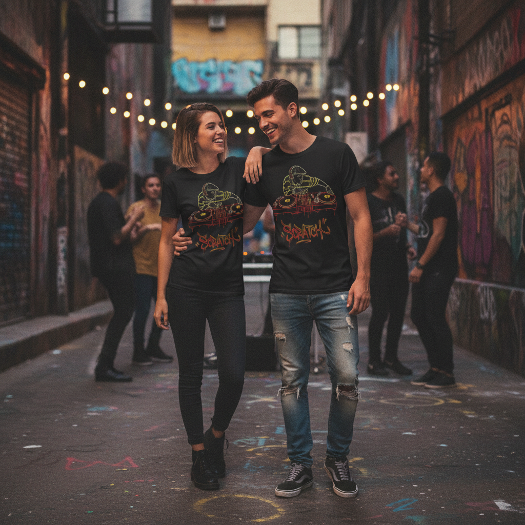 Camiseta negra de manga corta con diseño de ilustración de un DJ con gorra plana y auriculares mezclando sobre platos de vinilo, con la palabra "Scratch" en letras de graffiti rojas y amarillas.