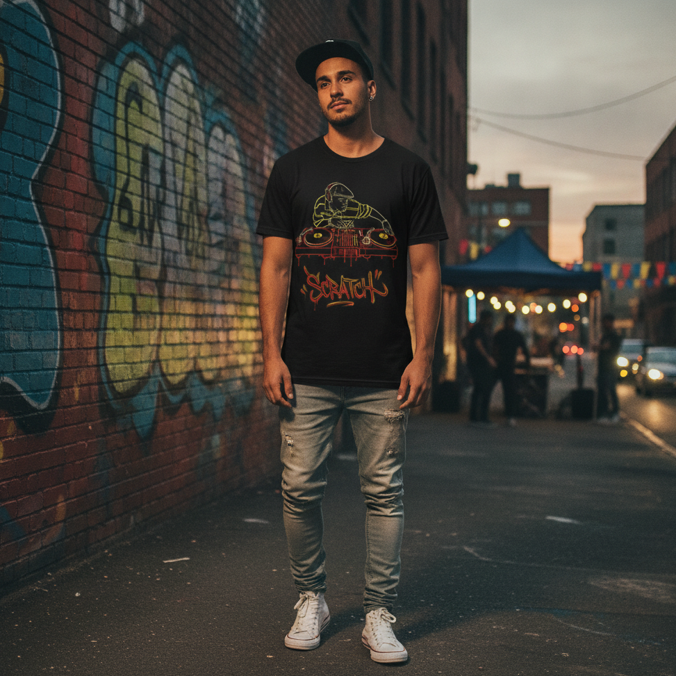 Camiseta negra de manga corta con diseño de ilustración de un DJ con gorra plana y auriculares mezclando sobre platos de vinilo, con la palabra "Scratch" en letras de graffiti rojas y amarillas.