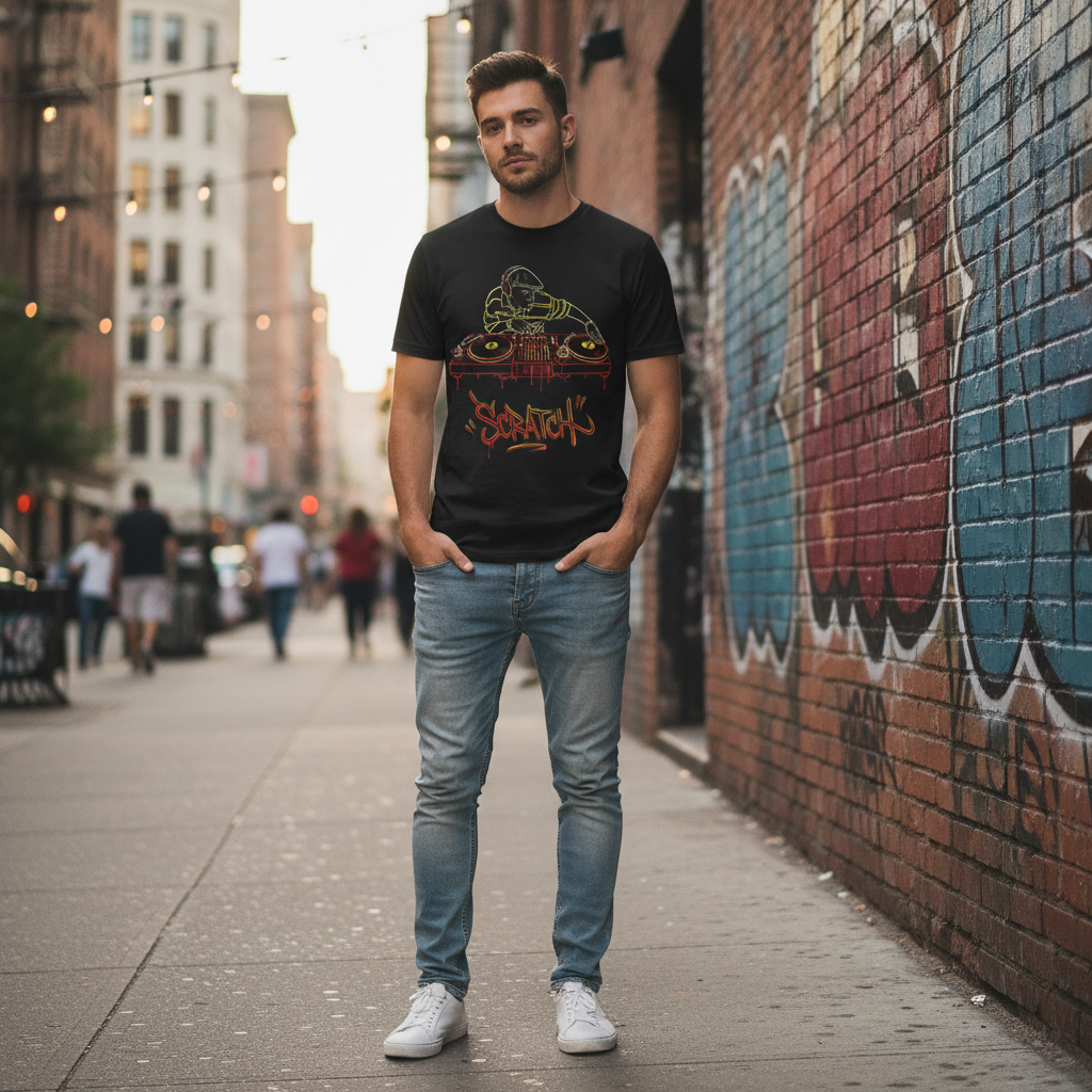 Camiseta negra de manga corta con diseño de ilustración de un DJ con gorra plana y auriculares mezclando sobre platos de vinilo, con la palabra "Scratch" en letras de graffiti rojas y amarillas.