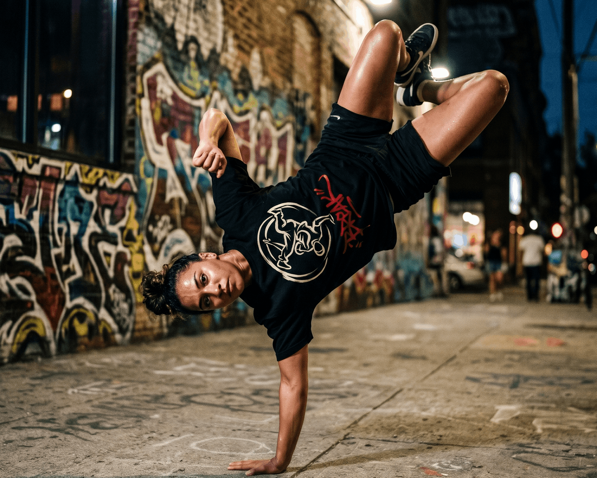 Camiseta negra con diseño de un b-boy haciendo un freeze, silueta blanca dentro de un círculo, y la palabra BREAK en rojo graffiti debajo