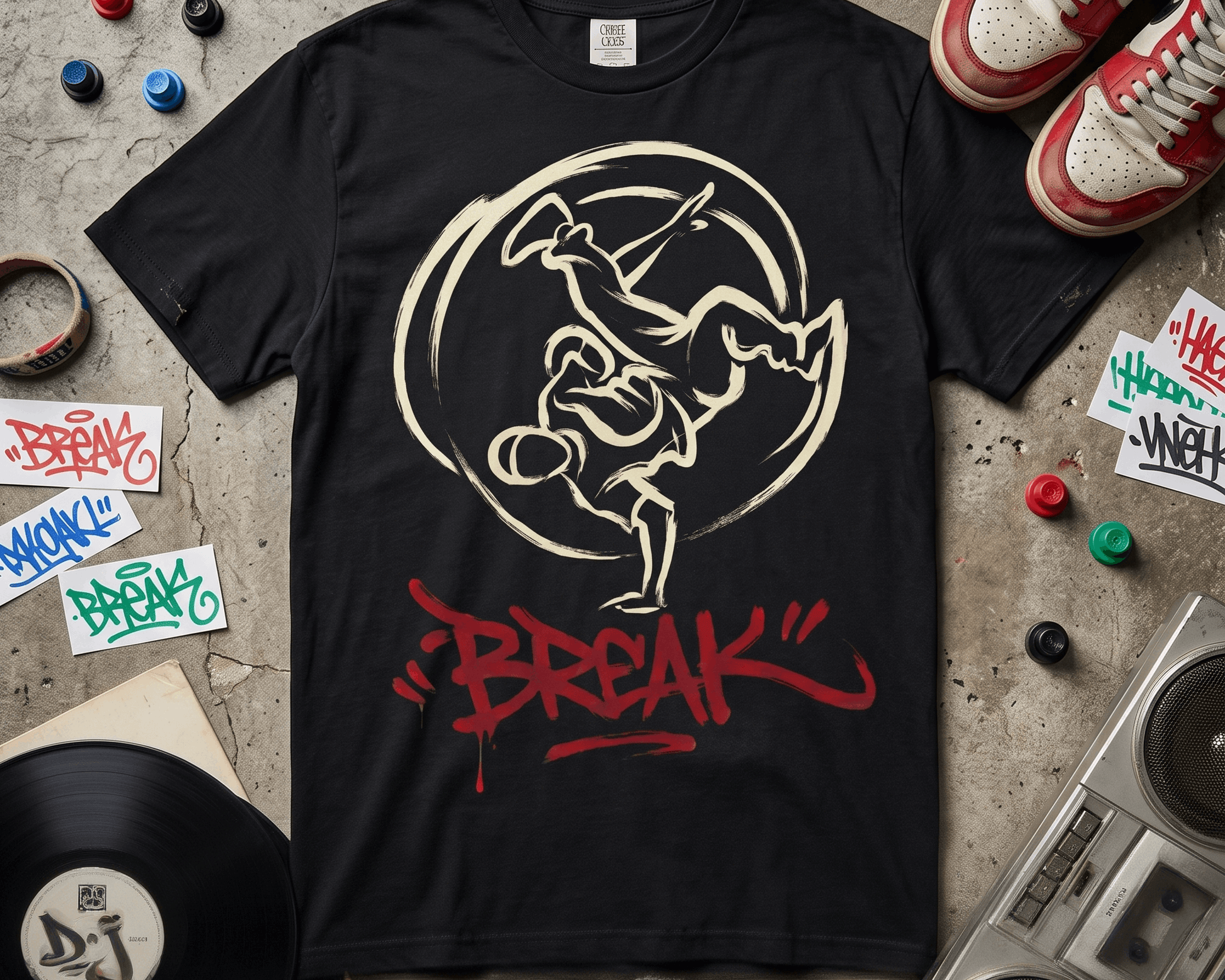Camiseta negra con diseño de un b-boy haciendo un freeze, silueta blanca dentro de un círculo, y la palabra BREAK en rojo graffiti debajo