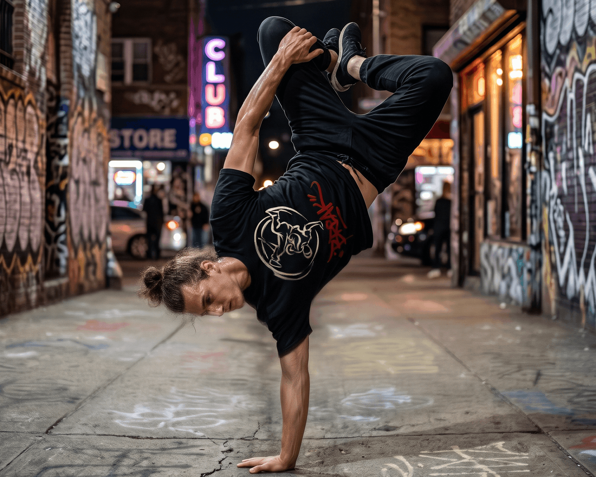 Camiseta negra con diseño de un b-boy haciendo un freeze, silueta blanca dentro de un círculo, y la palabra BREAK en rojo graffiti debajo