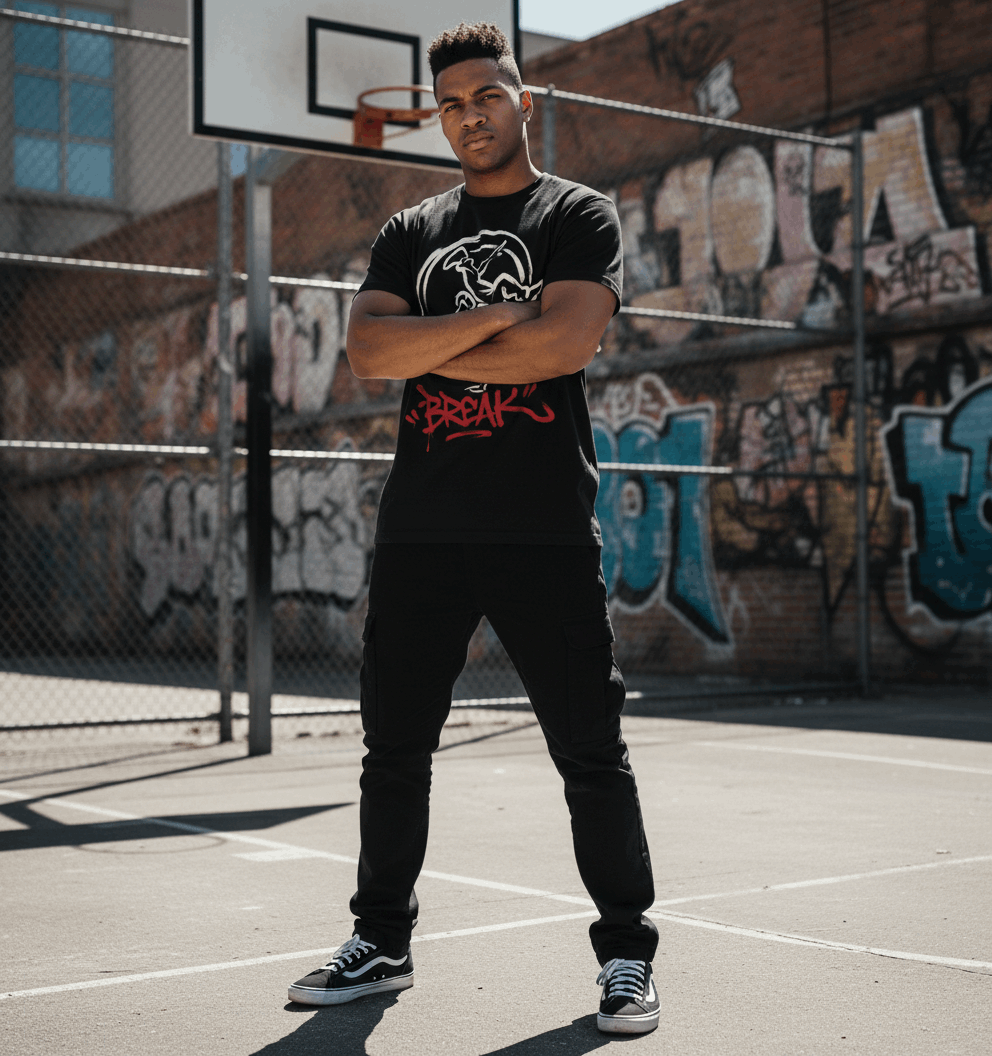 Camiseta negra con diseño de un b-boy haciendo un freeze, silueta blanca dentro de un círculo, y la palabra BREAK en rojo graffiti debajo