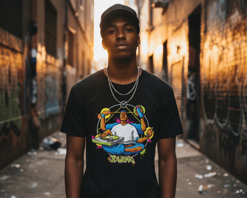 Camiseta negra JDWEAR con ilustración de personaje de 4 brazos representando los elementos del hip hop: graffiti, dj, mc y breakdance