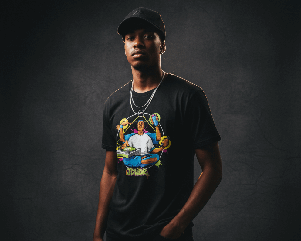 Camiseta negra JDWEAR con ilustración de personaje de 4 brazos representando los elementos del hip hop: graffiti, dj, mc y breakdance