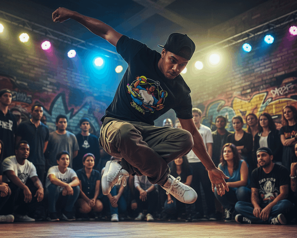 Camiseta negra JDWEAR con ilustración de personaje de 4 brazos representando los elementos del hip hop: graffiti, dj, mc y breakdance