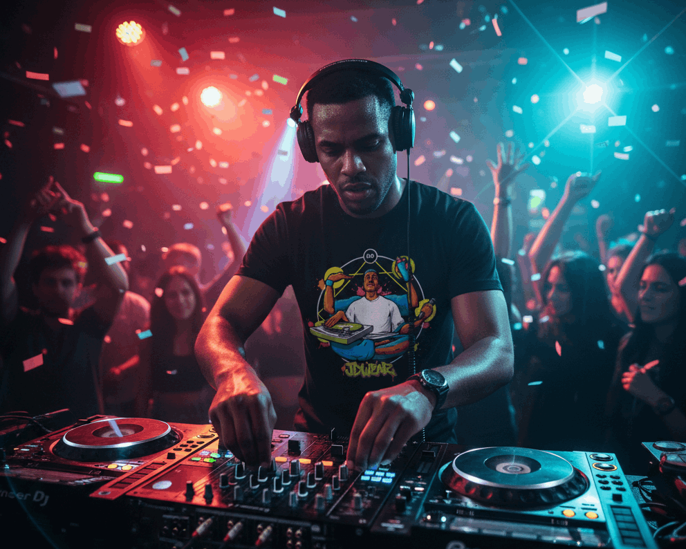 Camiseta negra JDWEAR con ilustración de personaje de 4 brazos representando los elementos del hip hop: graffiti, dj, mc y breakdance