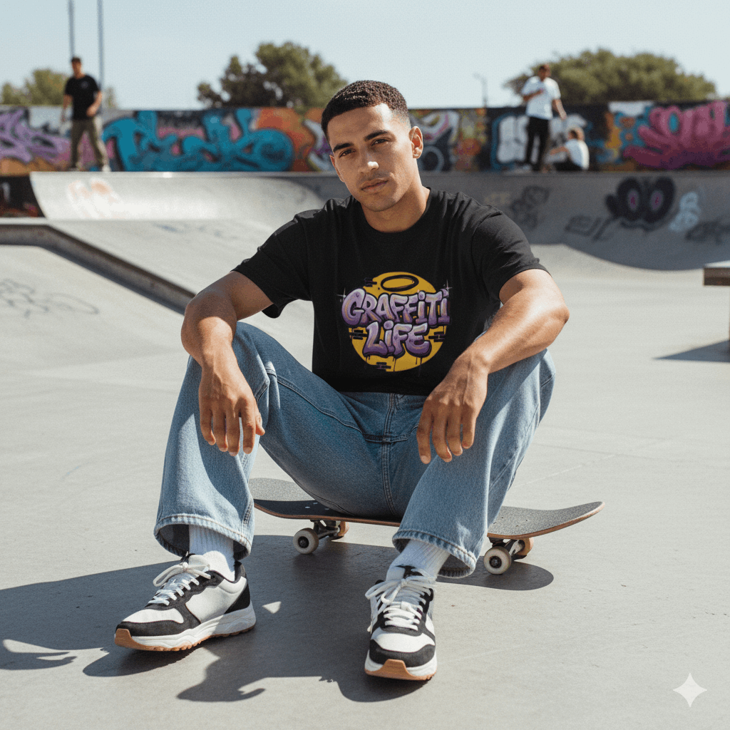 Camiseta de manga corta con diseño central que dice Graffiti Life en letras estilo burbuja moradas sobre un círculo amarillo y ladrillos.