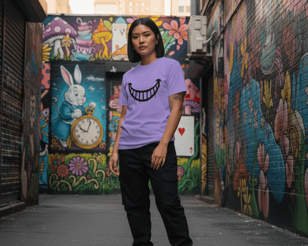 Camiseta JDWear con sonrisa negra estilo graffiti del Gato de Alicia.