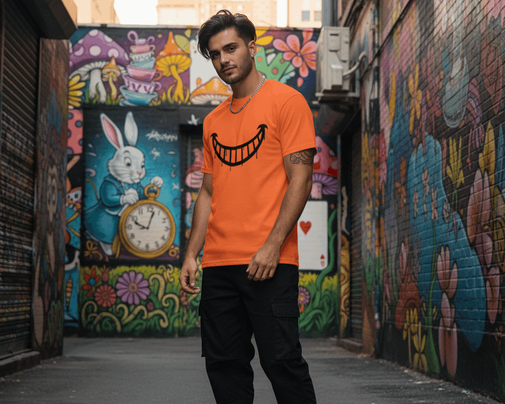Camiseta JDWear con sonrisa negra estilo graffiti del Gato de Alicia.