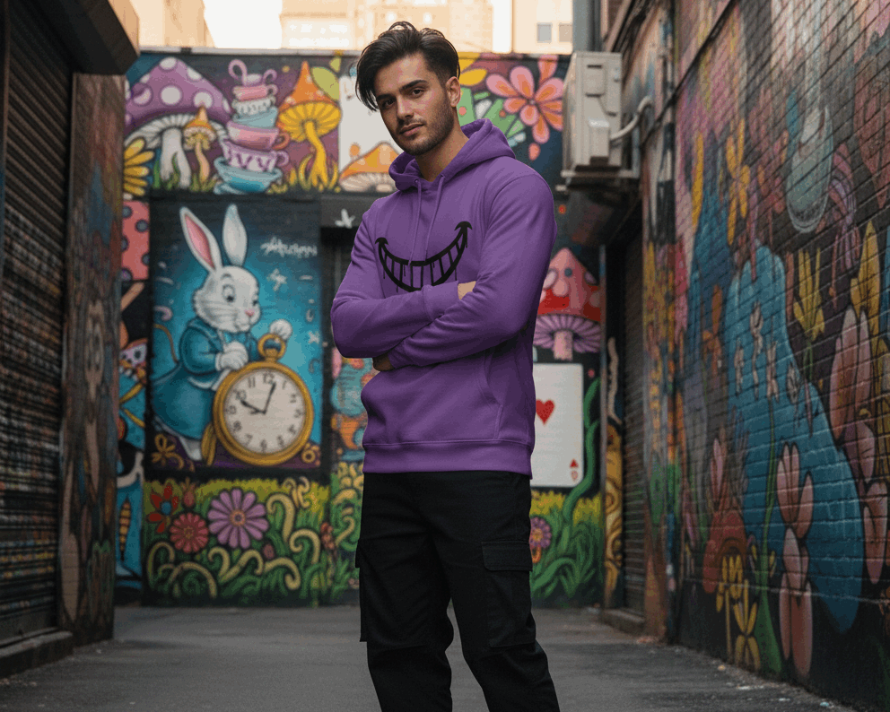 Sudadera con capucha JDWear con estampado de la sonrisa del Gato de Alicia en negro.