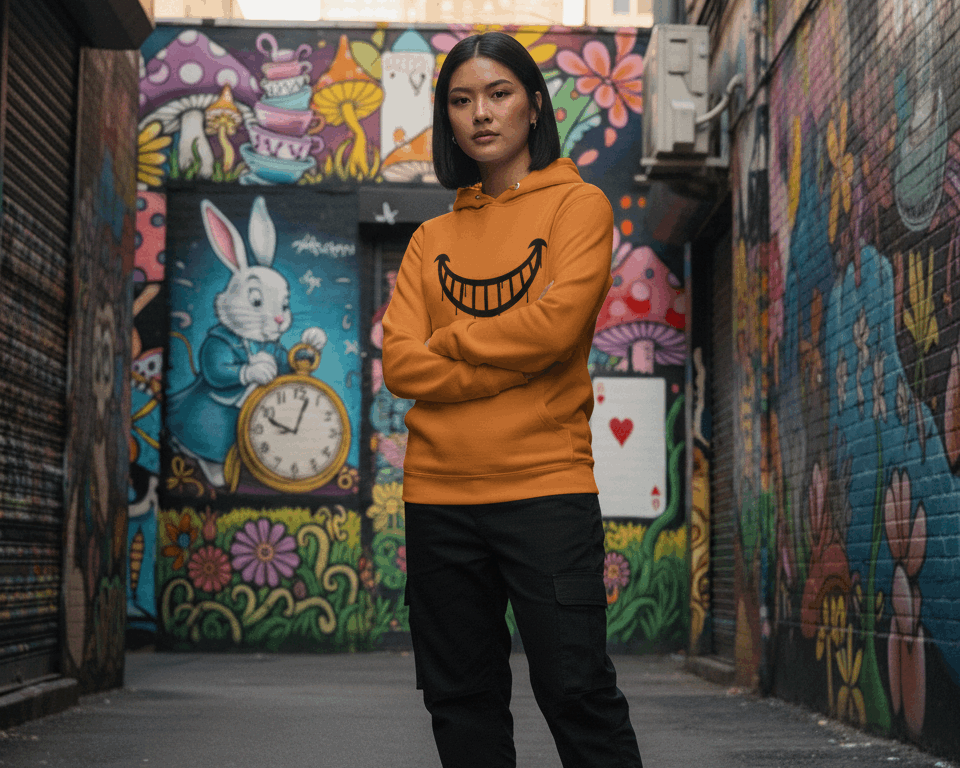 Sudadera con capucha naranja JD Wear con estampado de la sonrisa del Gato de Alicia en negro.