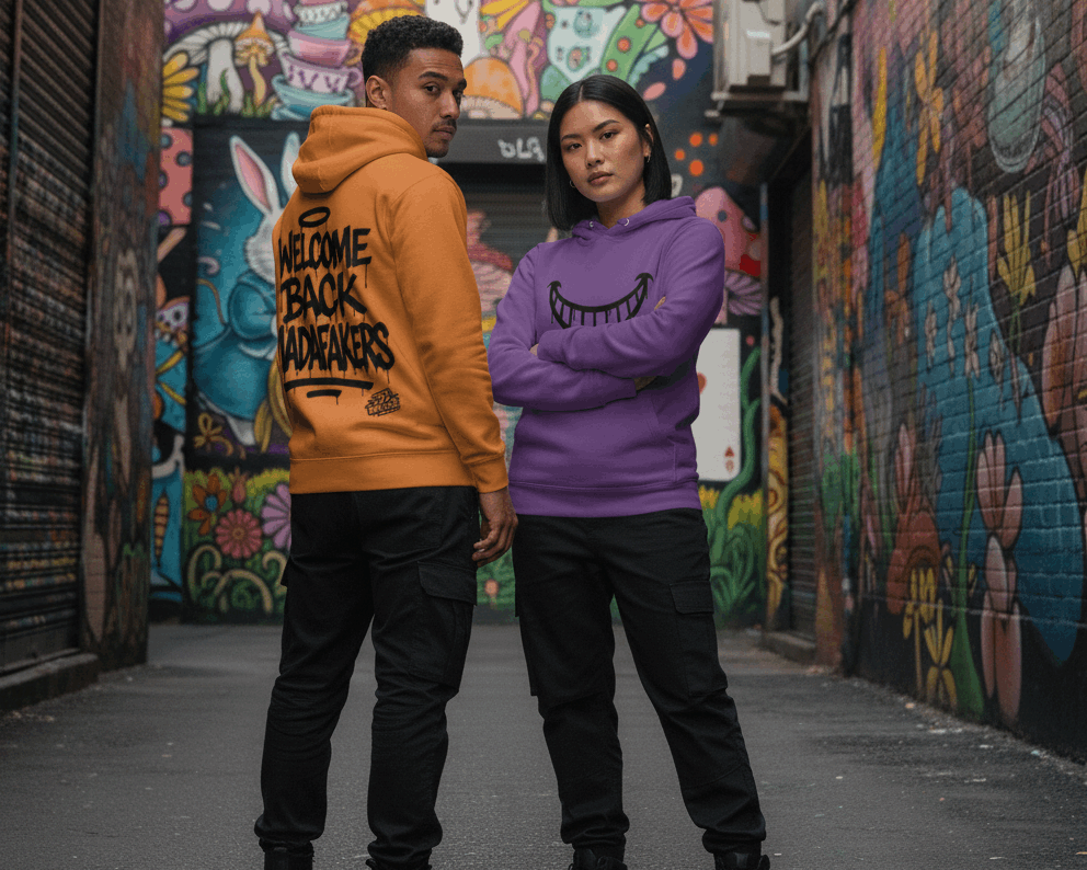  sudadera con capucha JDWear con estampado de la sonrisa del Gato de Alicia en negro y texto de graffiti negro Welcome Back Madafakers.