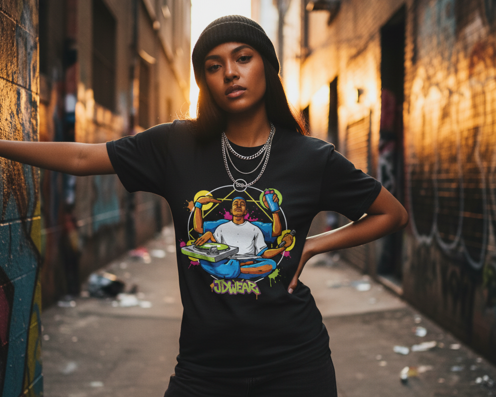 Camiseta negra JDWEAR con ilustración de personaje de 4 brazos representando los elementos del hip hop: graffiti, dj, mc y breakdance