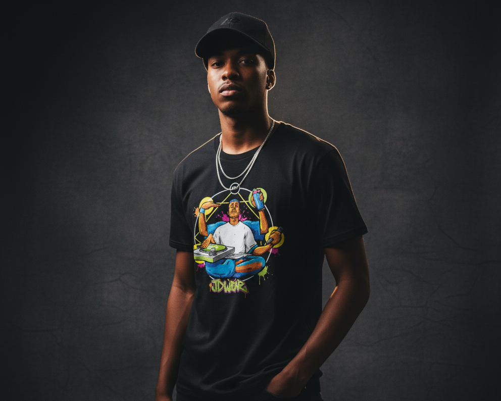 Camiseta negra JDWEAR con ilustración de personaje de 4 brazos representando los elementos del hip hop: graffiti, dj, mc y breakdance