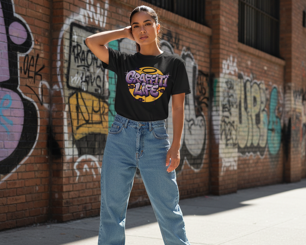 Camiseta de manga corta con diseño central que dice Graffiti Life en letras estilo burbuja moradas sobre un círculo amarillo y ladrillos.