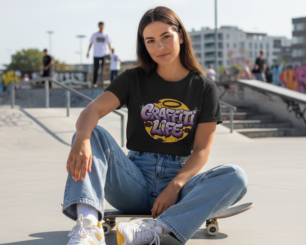 Camiseta de manga corta con diseño central que dice Graffiti Life en letras estilo burbuja moradas sobre un círculo amarillo y ladrillos.