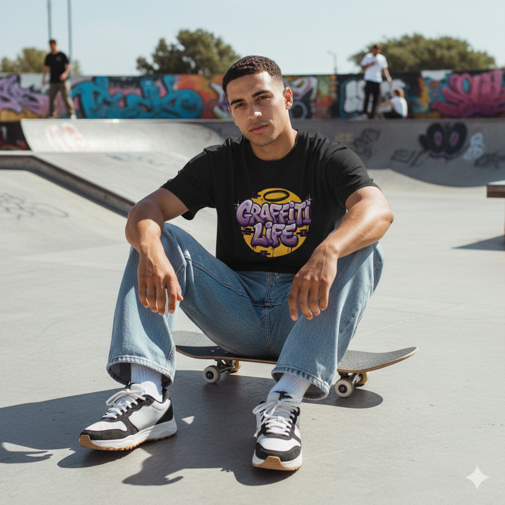 Camiseta de manga corta con diseño central que dice Graffiti Life en letras estilo burbuja moradas sobre un círculo amarillo y ladrillos.