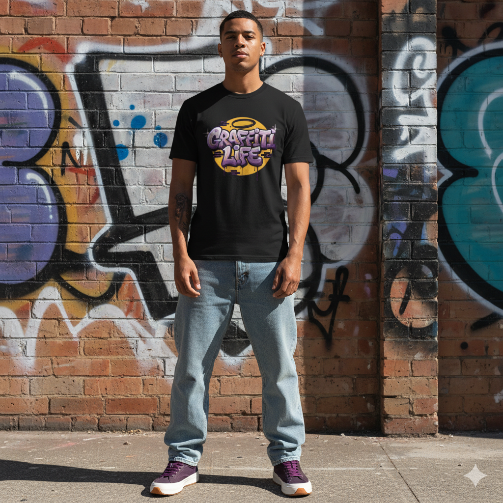 Camiseta de manga corta con diseño central que dice Graffiti Life en letras estilo burbuja moradas sobre un círculo amarillo y ladrillos.