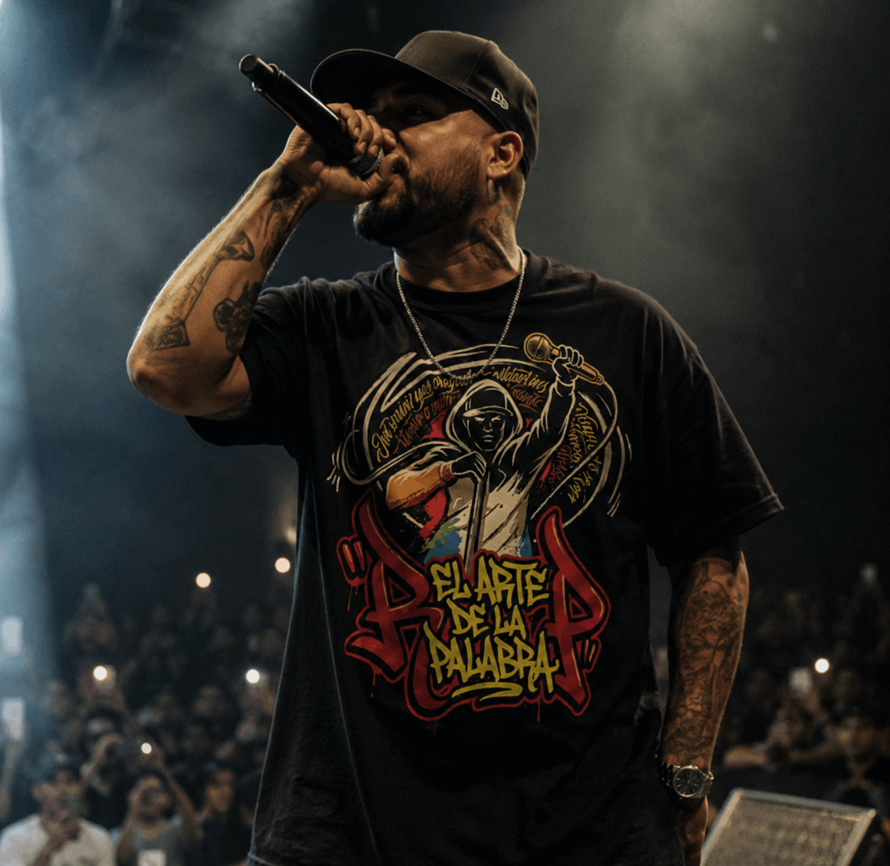 Rapero actuando en directo con camiseta negra El Arte de la Palabra de JD Wear