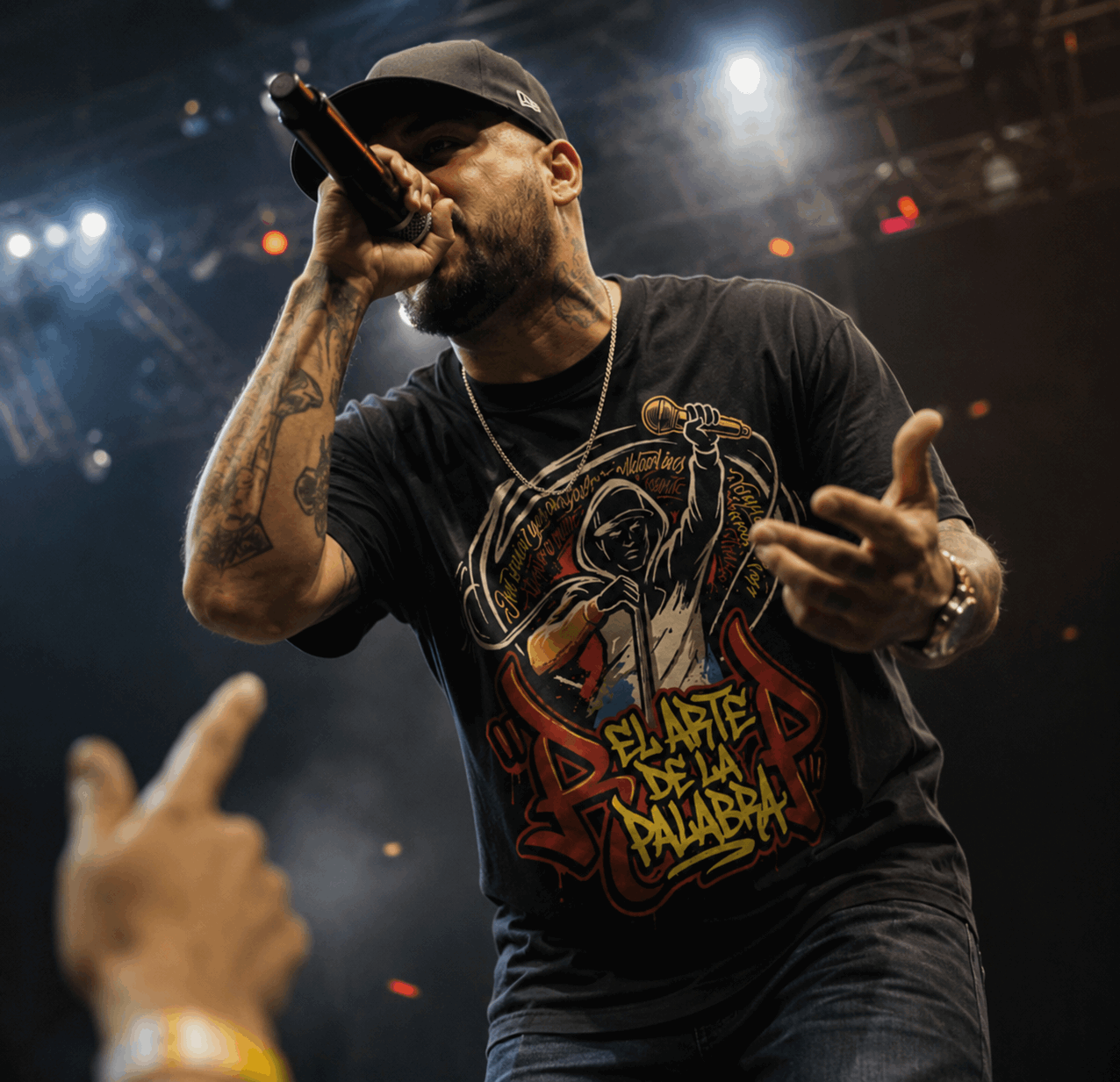 Rapero Hip Hop cantando ante el público con camiseta El Arte de la Palabra JD Wear