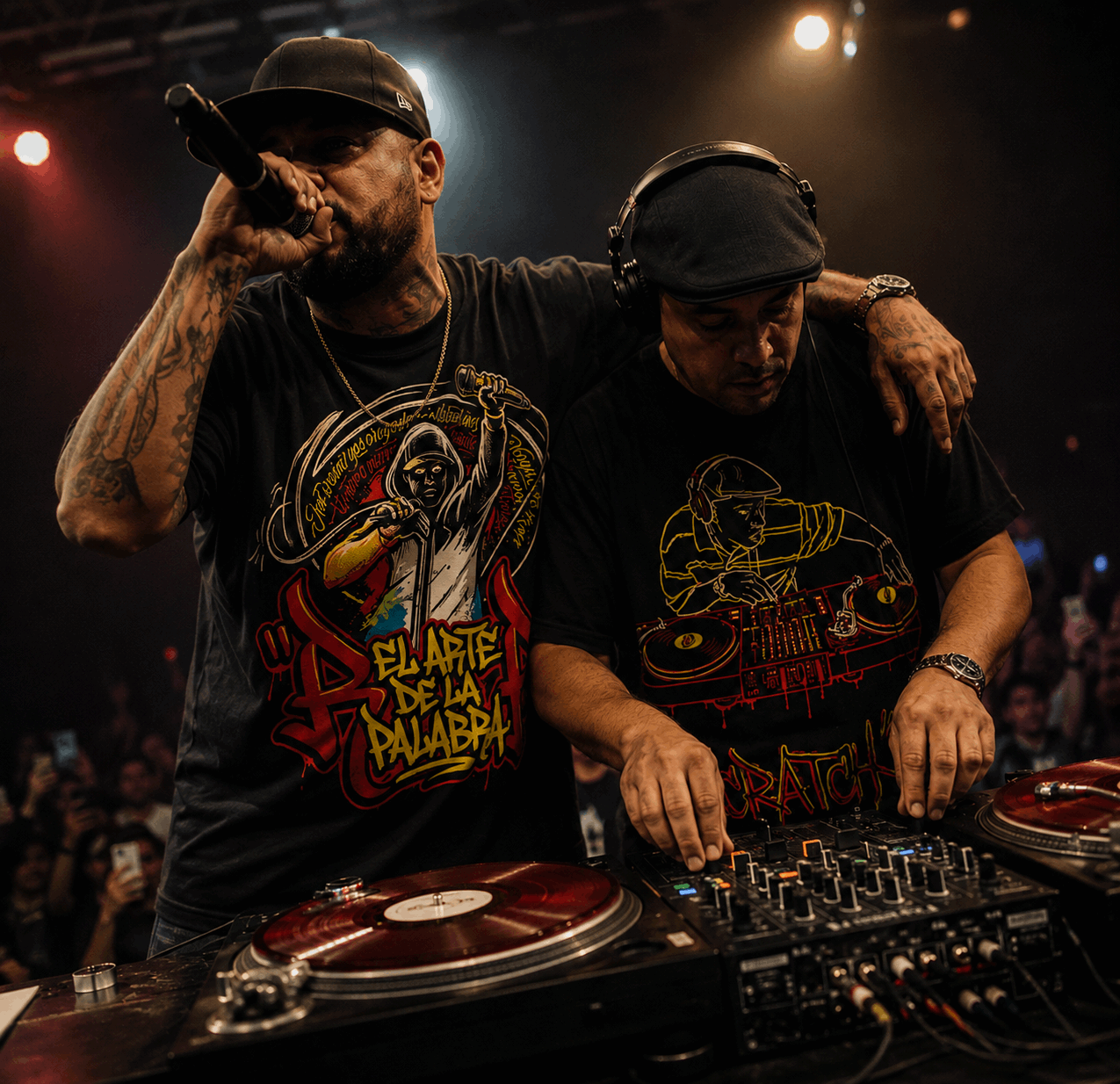 Rapero con camiseta El Arte de la Palabra junto a DJ con camiseta Scratch en concierto Hip Hop