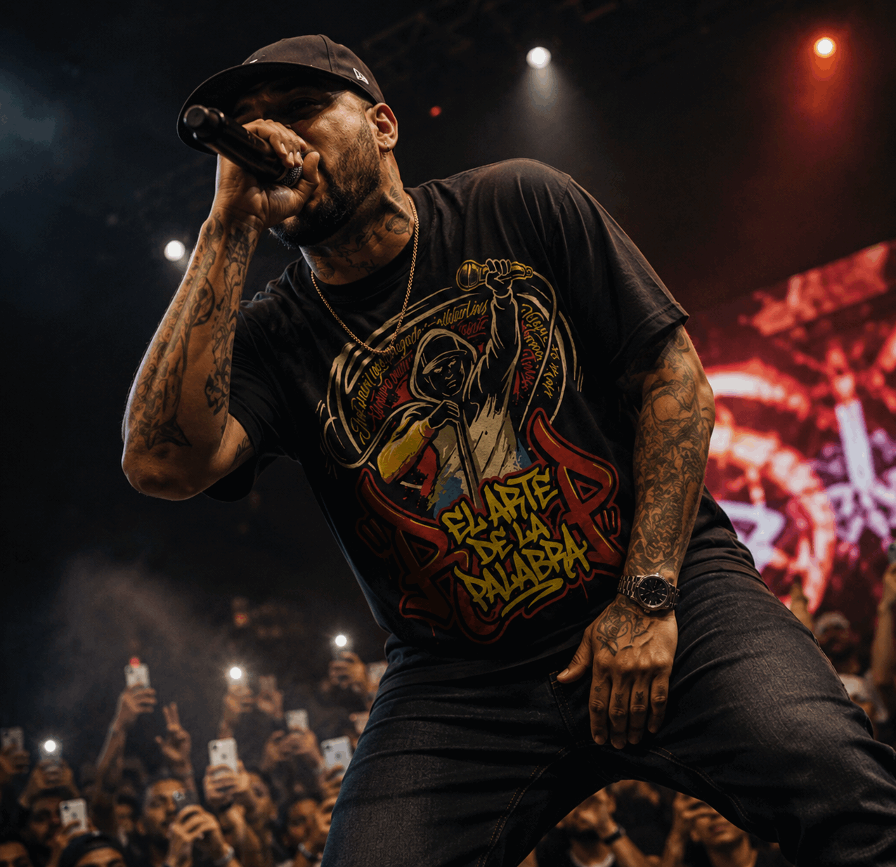 Rapero en concierto visto desde el público con camiseta Hip Hop El Arte de la Palabra de JD Wear
