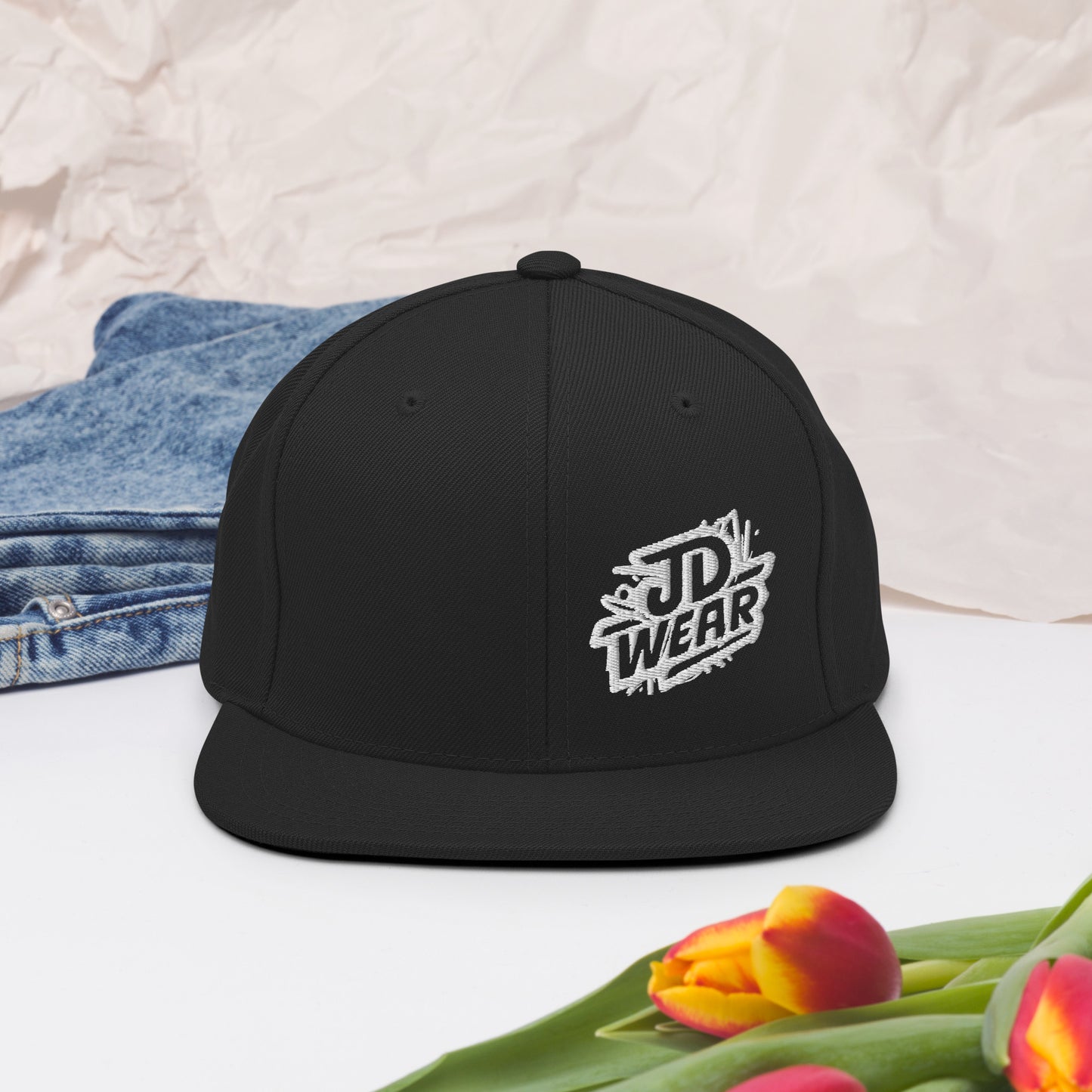 Black Embroidered Snapback Cap